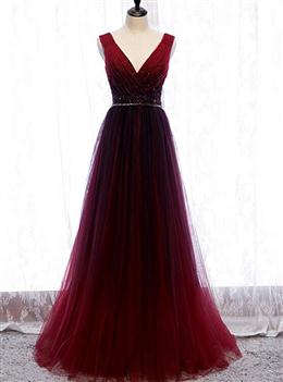 Picture of Gradient Beaded Wine Red Color Tulle Long Party Dresses, A-line Wine Red Color Prom Formal Dress